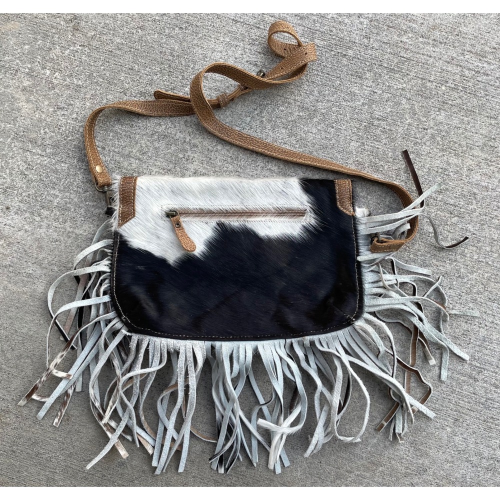 Myra Bag Cowhide Fringe Crossbody Bag Black White Brown Leather Western Boho - Picture 4 of 9